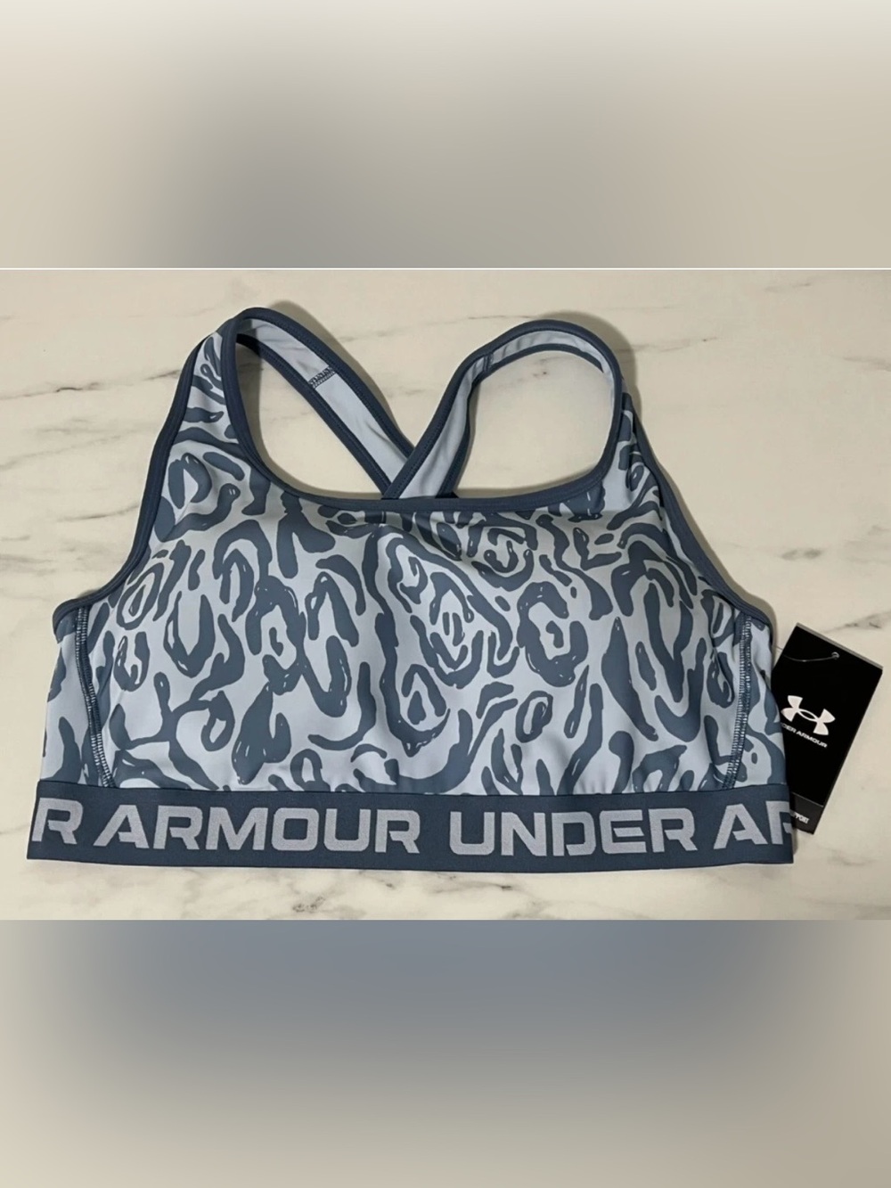 1X Womens Plus UNDER ARMOUR Blue Crossback Printed Sports Bra Compression NWT